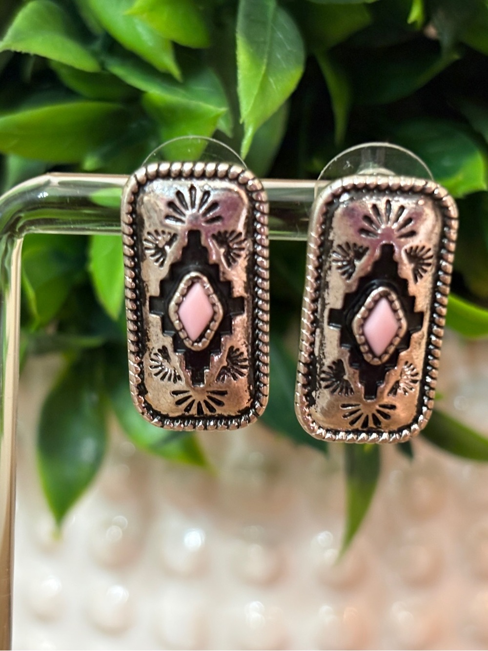 Pink Stone Silver-Tone Rectangular Earrings